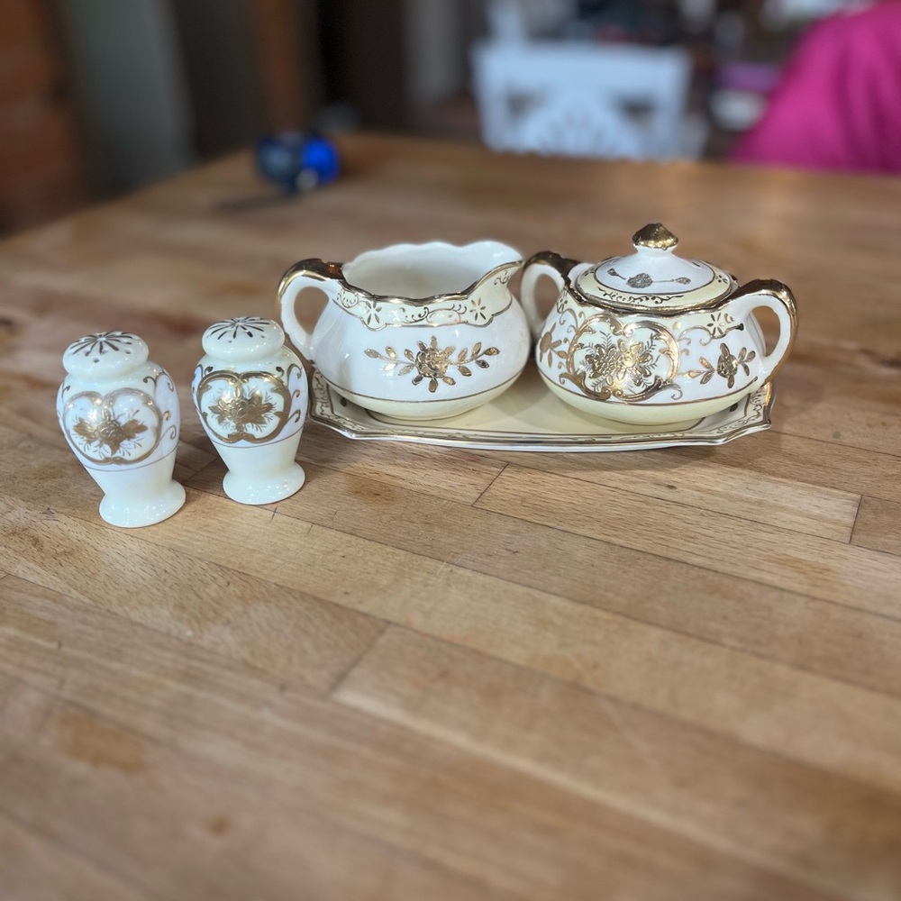 Elegant Cream and Gold Porcelain Sugar, Creamer & Salt Set